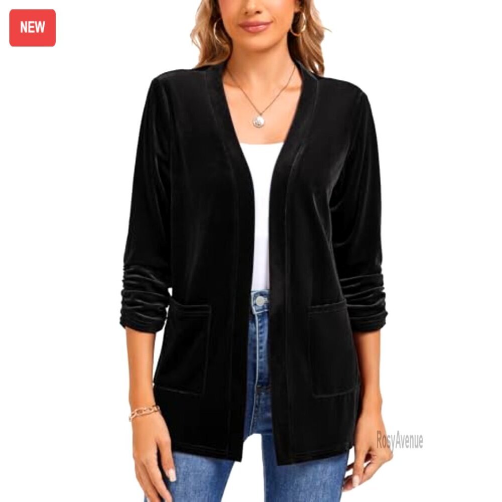 Velvet Cardigan 3/4 Sleeve Open Front Pockets Office Casual - Picture 4 of 7